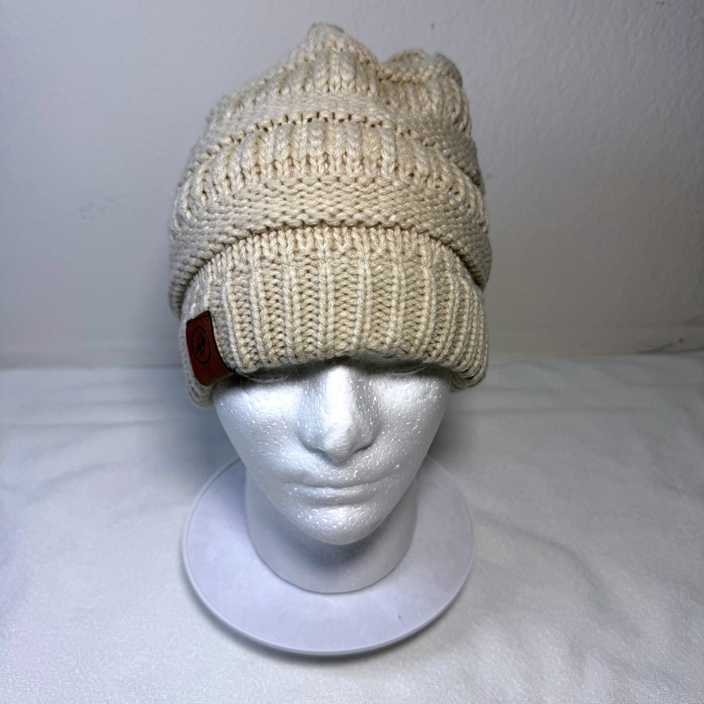 WithMoons Beanie Hat Women One Size Cream Cable Knit Faux Fur Pom-Pom Winter